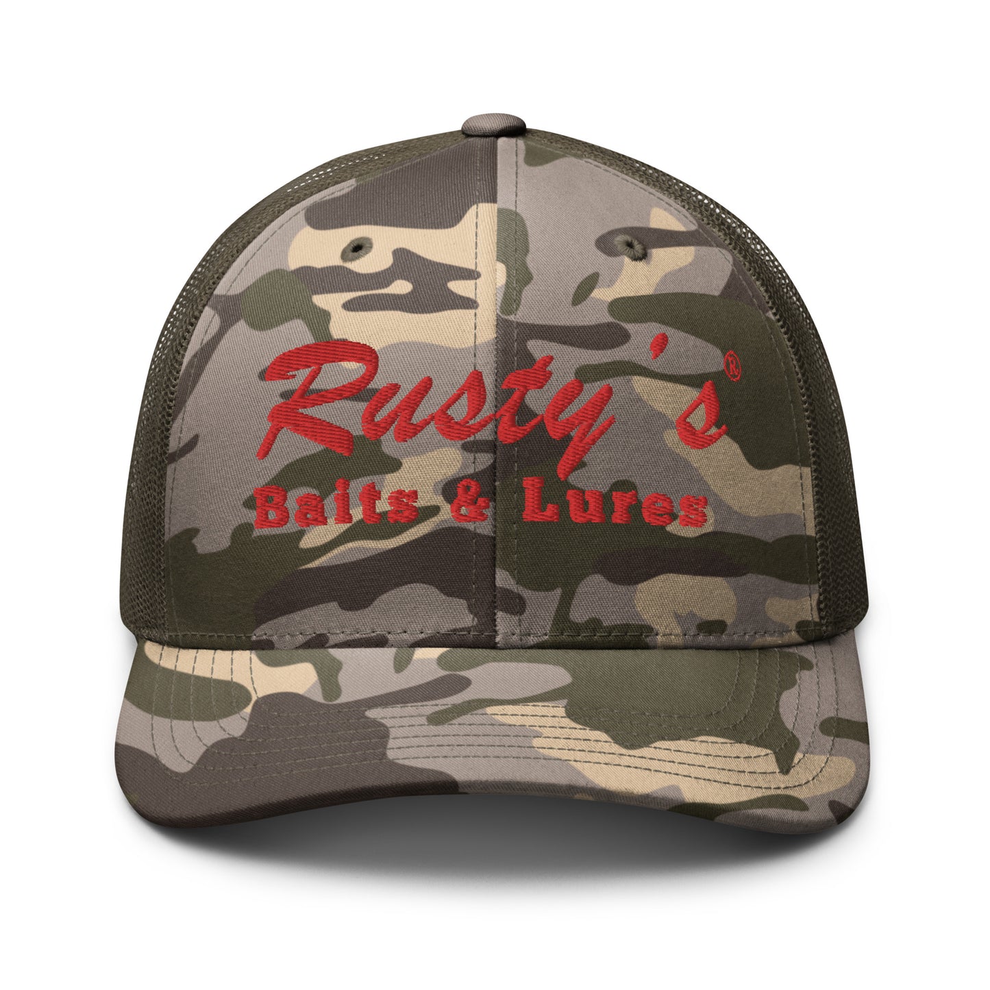 "Rusty's Baits and Lures" Camouflage trucker hat