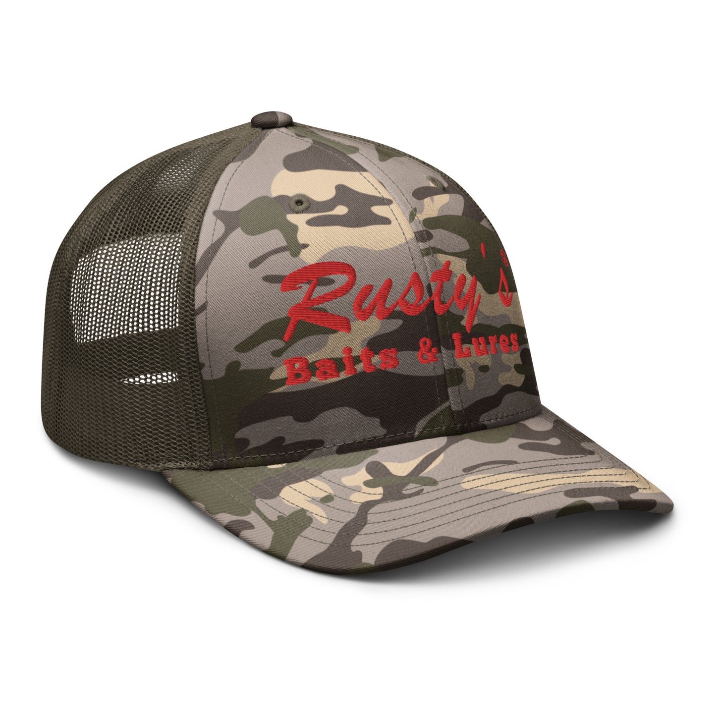 "Rusty's Baits and Lures" Camouflage trucker hat